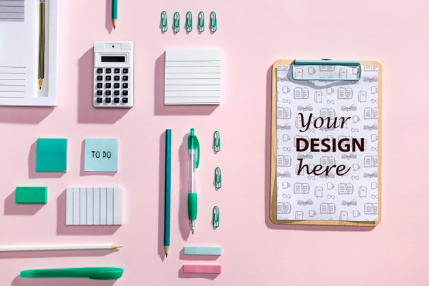 Top View Desk Concept With Mock-Up Clipboard Psd