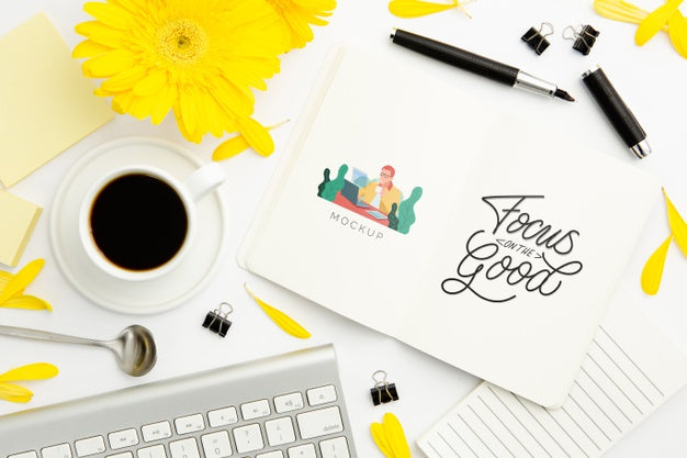 Top View Desk Concept With Notebook Psd