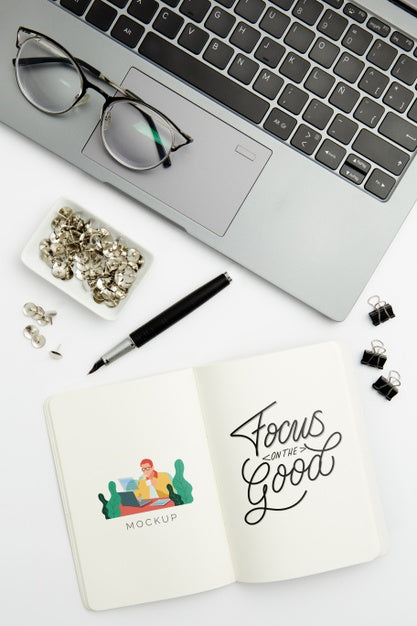 Top View Desk Concept With Notebook Psd