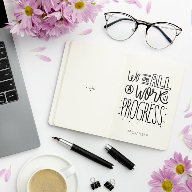 Top View Desk Concept With Notebook Psd