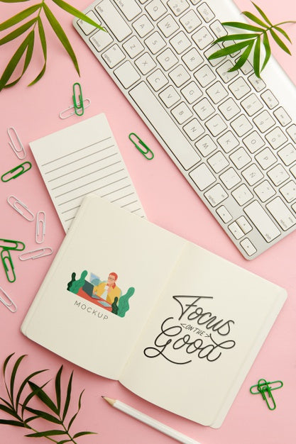 Top View Desk Concept With Notebook Psd