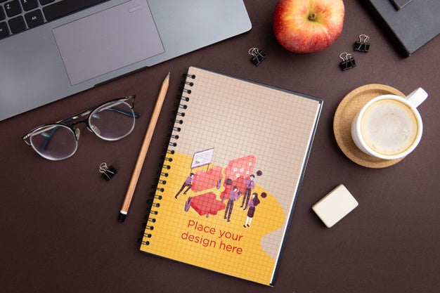 Top View Desk Concept With Notebook Psd