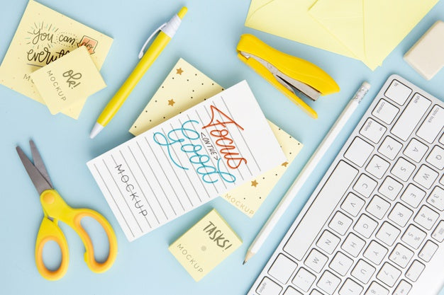 Top View Desk Concept With Office Supplies Psd