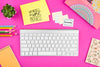 Top View Desk Concept With Pink Background Psd