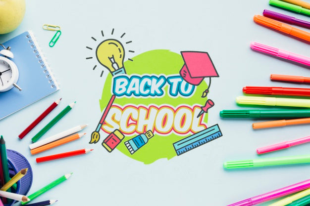 Top View Desk Concept With School Supplies Psd