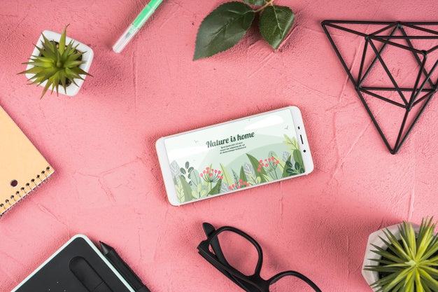 Top View Desk Concept With Smartphone Psd