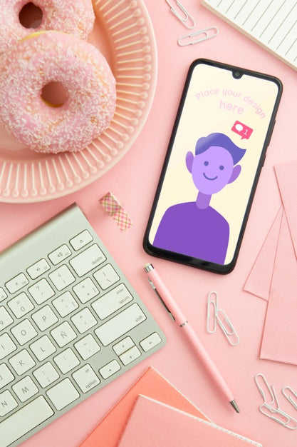 Top View Desk Concept With Smartphone Psd