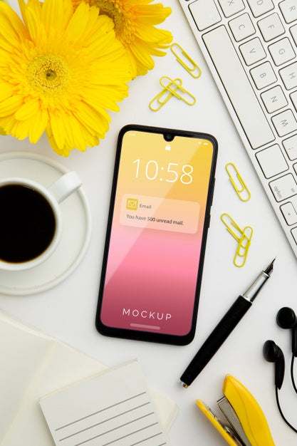 Top View Desk Concept With Smartphone Psd