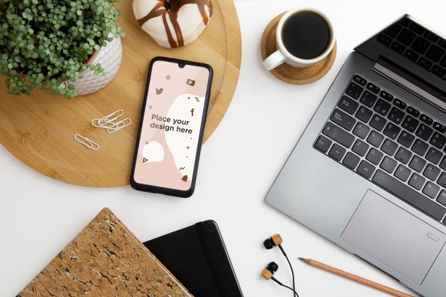Top View Desk Concept With Smartphone Psd