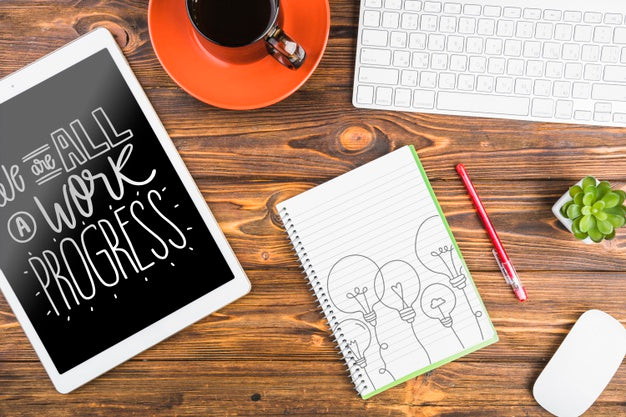 Top View Desk Concept With Tablet Psd