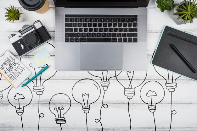 Top View Desk Concept With Wooden Background Psd