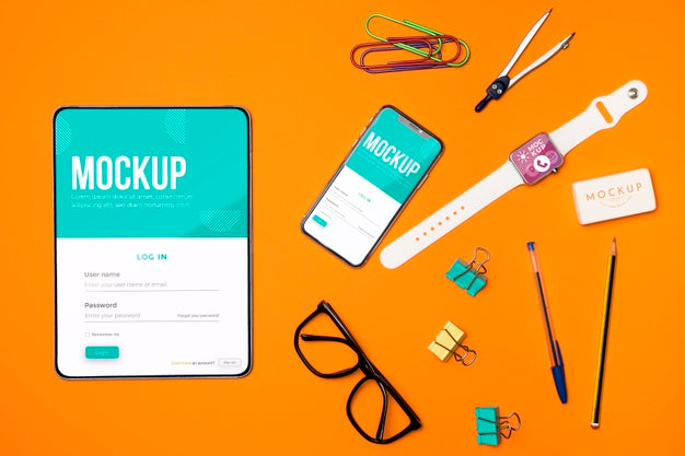 Top View Desk Items And Devices Arrangement Psd