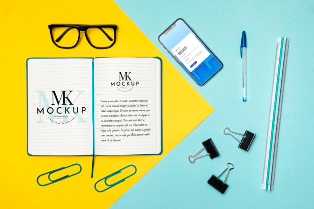 Top View Desk Items And Smartphone Psd