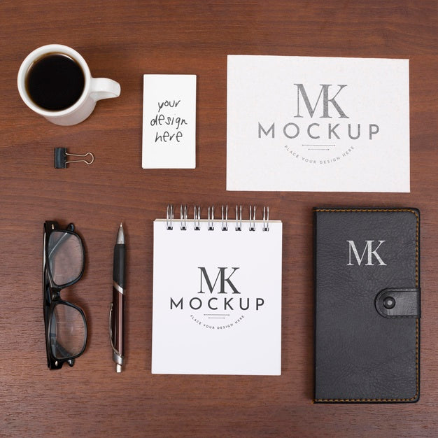 Top View Desk Mock-Up With Notebook Psd