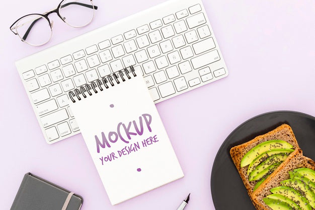 Top View Desk With Avocado Toast And Agenda Mock-Up Psd