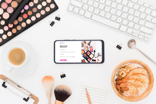 Top View Desk With Breakfast And Phone Mock-Up Psd