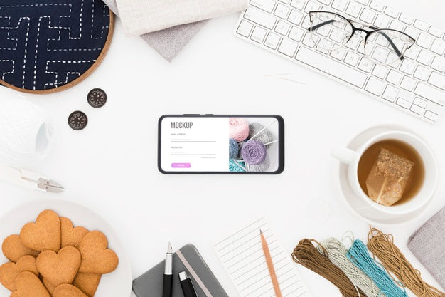 Top View Desk With Cookies And Phone Mock-Up Psd