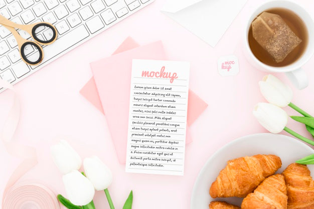 Top View Desk With Croissants And Phone Mock-Up Psd