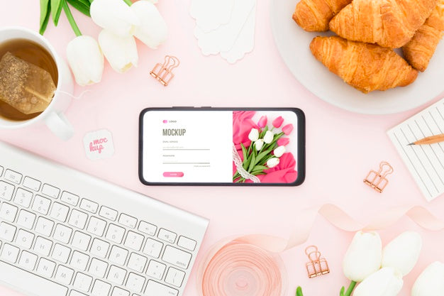 Top View Desk With Croissants And Phone Mock-Up Psd