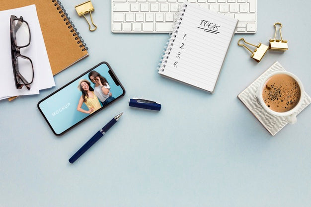 Top View Desk With Phone And Agenda Mock-Up Psd