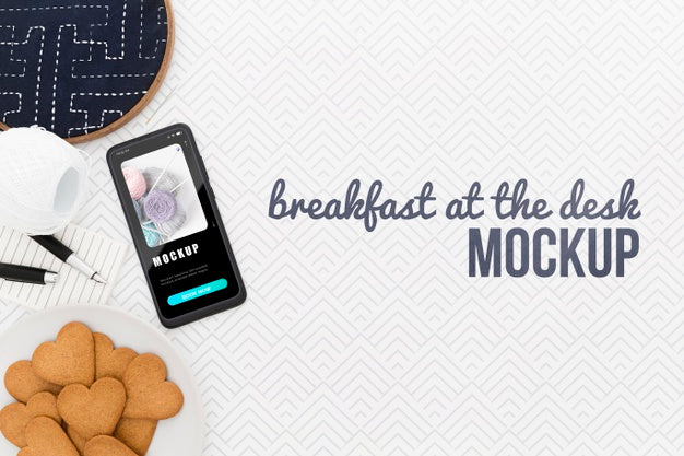 Top View Desk With Phone Mock-Up And Cookies Psd