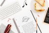Top View Desk With Sandwich And Notebook Mock-Up Psd