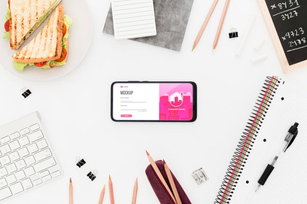 Top View Desk With Sandwich And Phone Mock-Up Psd