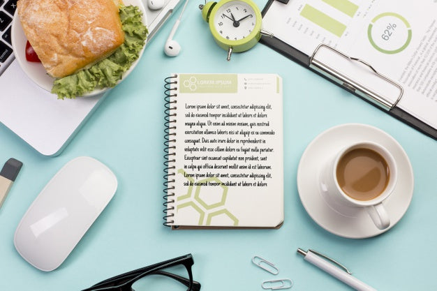 Top View Desktop Concept With Cup Of Coffee Psd