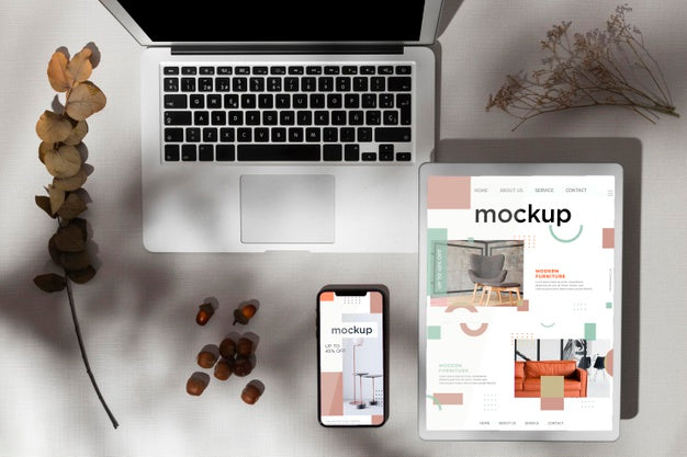 Top View Devices Mockup With Autumn Decor And Shadows Psd