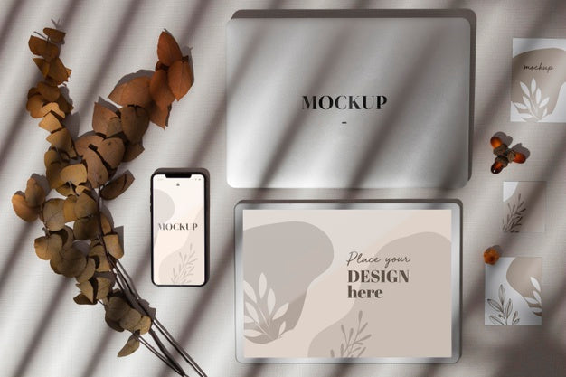 Top View Devices Mockup With Shadows And Branch Of Leaves Psd