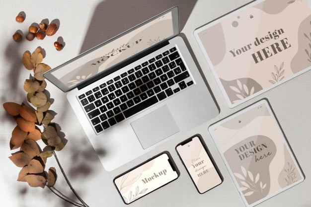 Top View Devices With Mockup Next To Leaves Psd