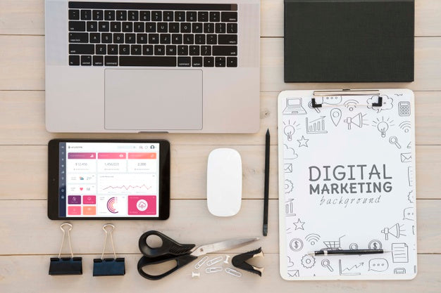 Top View Digital Marketing Desk Concept Psd