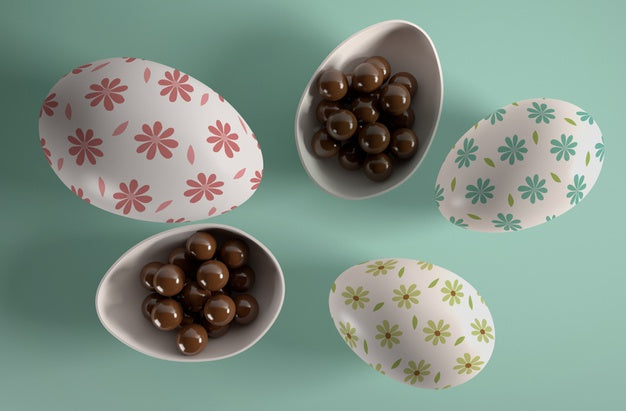 Top View Egg With Chocolate Candies Inside Psd