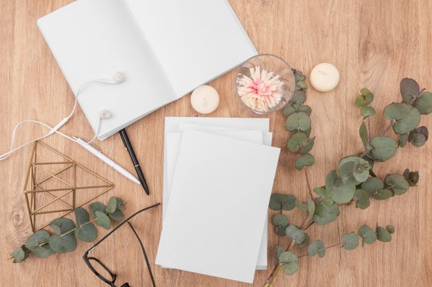 Top View Empty Book And Plants Psd