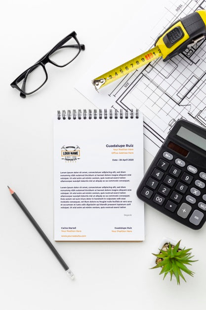 Top View Engineering Tools With Notepad Mock-Up Psd