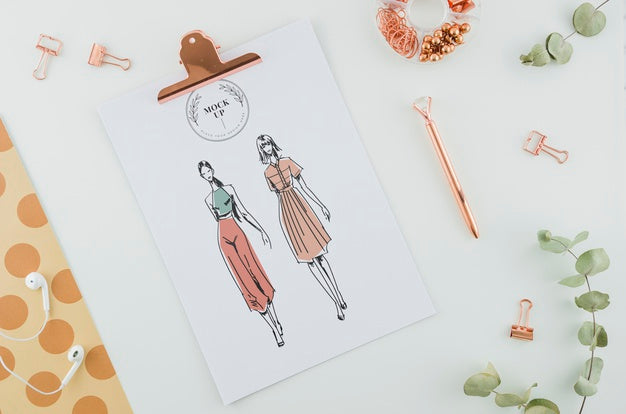 Top View Fashion Drawing On Clipboard Psd