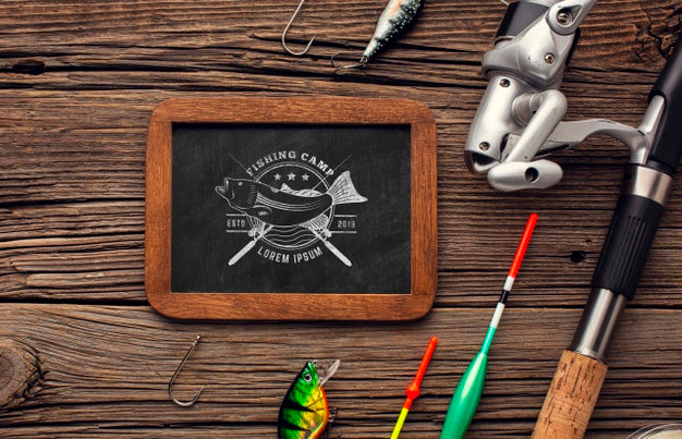 Top View Fishing Accessories Chalkboard Psd