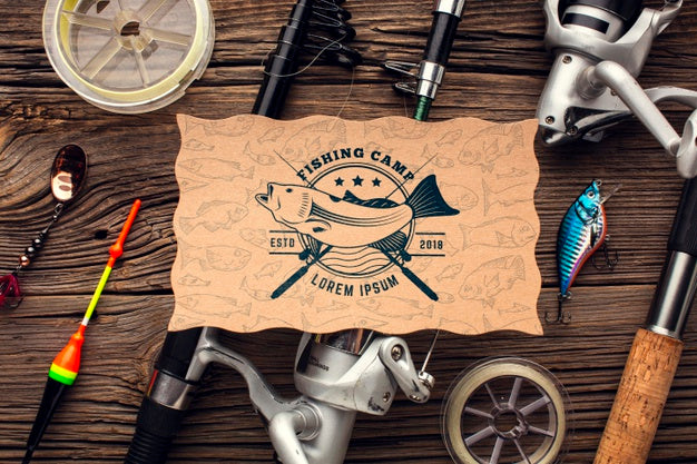Top View Fishing Accessories Surrounding The Mock-Up Paper Psd