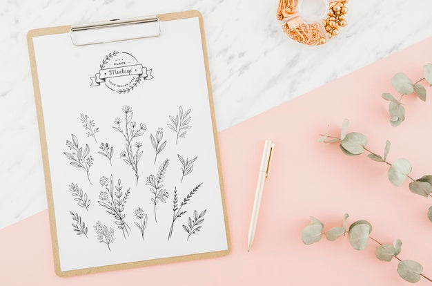 Top View Floral Drawing With Mock-Up Psd