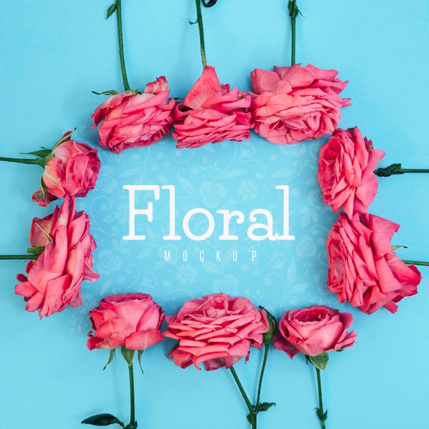 Top View Floral Frame Pink Roses Mockup Psd