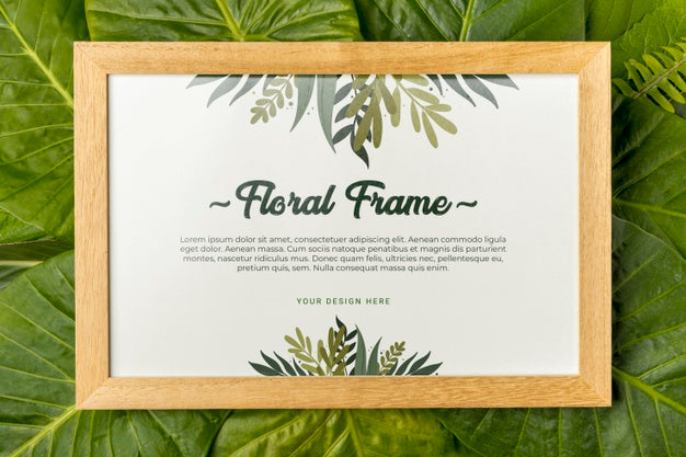 Top View Floral Frame Surrounded By Green Leafs Psd