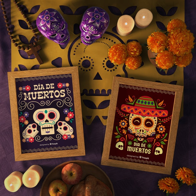 Top View Floral Skull In Mock-Up With Festive Decorations Psd