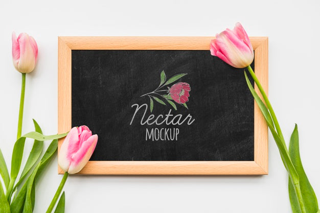 Top View Flowers On Blackboard Psd