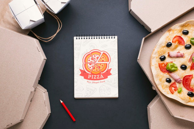 Top View Food Service Assortment With Notepad Mock-Up Psd