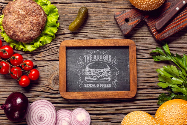 Top View Frame Burger Ingredients Wooden Background Psd
