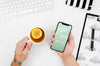 Top View Hands Holding Smartphone Mock-Up And Tea Psd