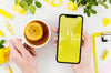 Top View Hands Holding Smartphone Mock-Up With Tea Psd