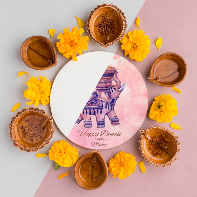 Top View Happy Diwali Festival Mock-Up Flowers And Candles Psd