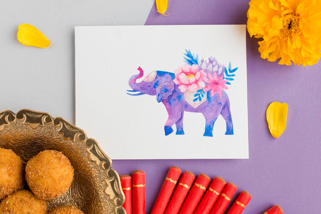 Top View Happy Diwali Festival Mock-Up Food And Fireworks Psd