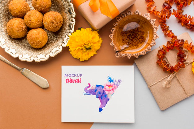 Top View Happy Diwali Festival Mock-Up On Table Psd